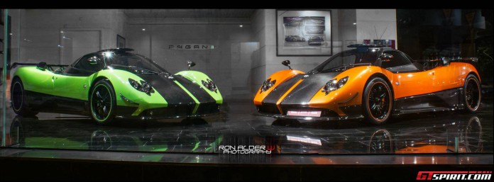 Green and Orange Pagani Zonda Cinque Coupes Spotted Together