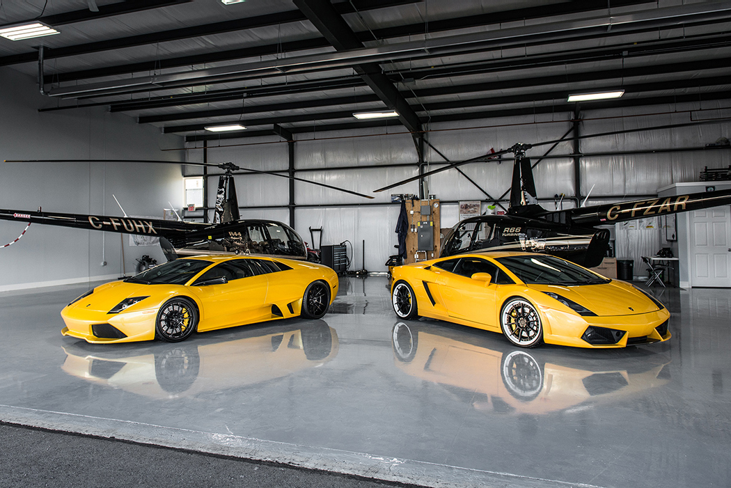 Yellow Lamborghini Murcielago and Gallardo Pose With Helicopters