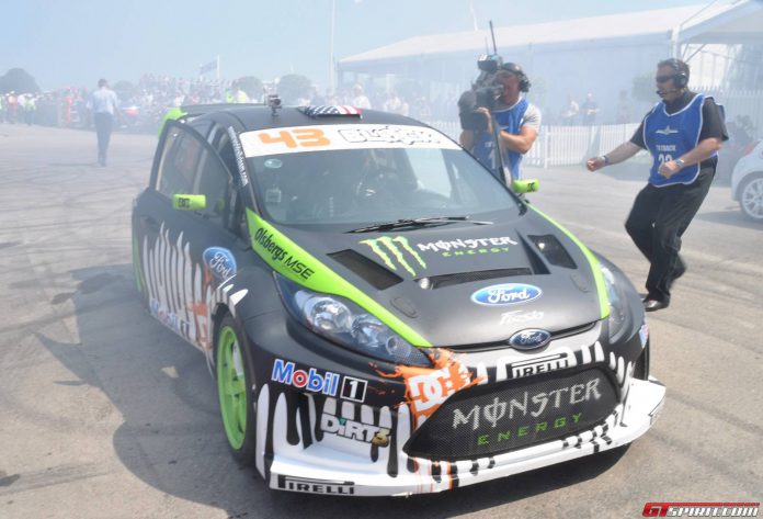 Ken Block comes to a tyre smoking halt for TV crews at 2011 Festival of Speed